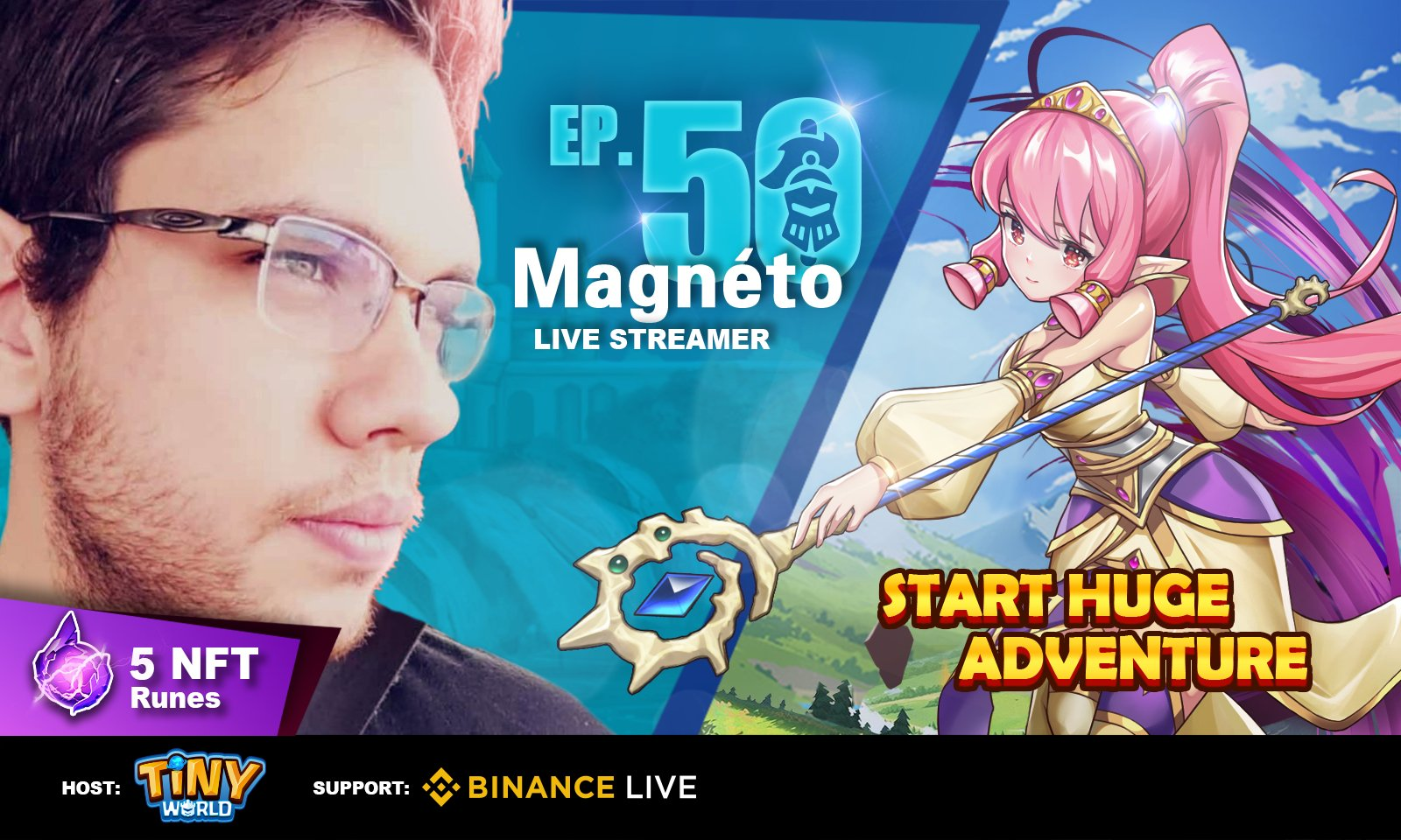 Promotional artwork for a Tiny World livestream, featuring a game character and Binance Live branding.